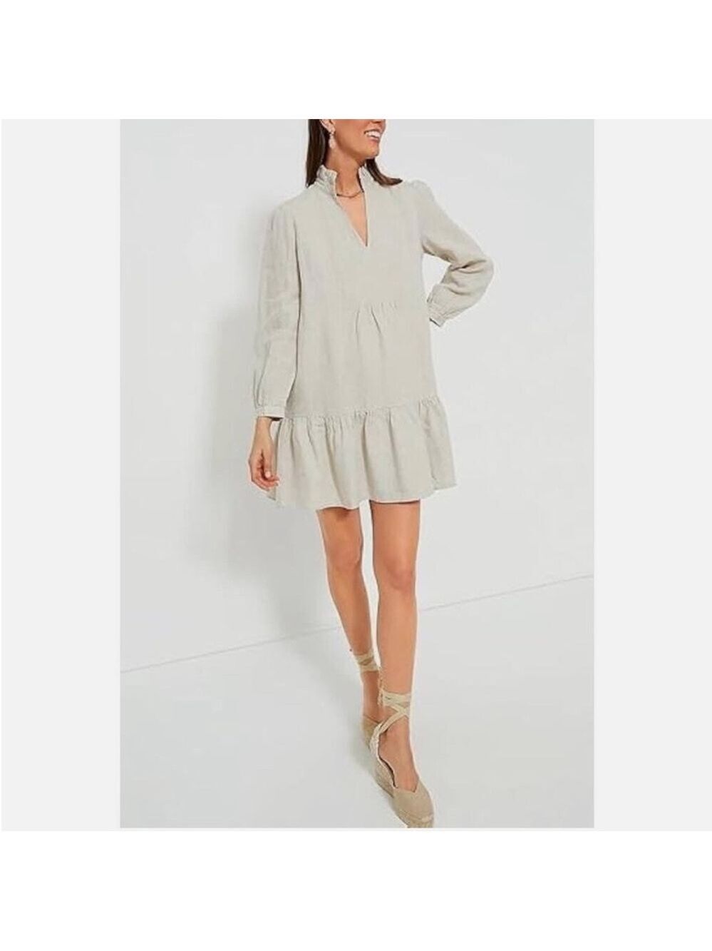 Tuckernuck Linen Light Beige Ruffle Hem Long Sleeve Dress